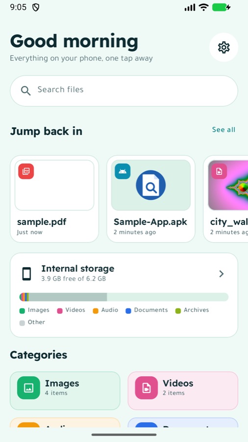Home screen: recent files, storage and categories