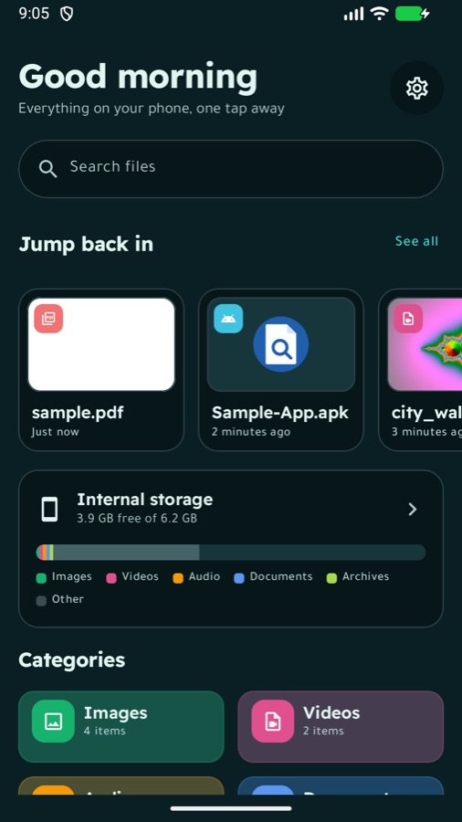 Home screen in dark theme