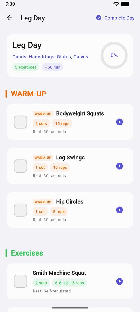 Leg Day: warm-up exercises with sets, reps and rest