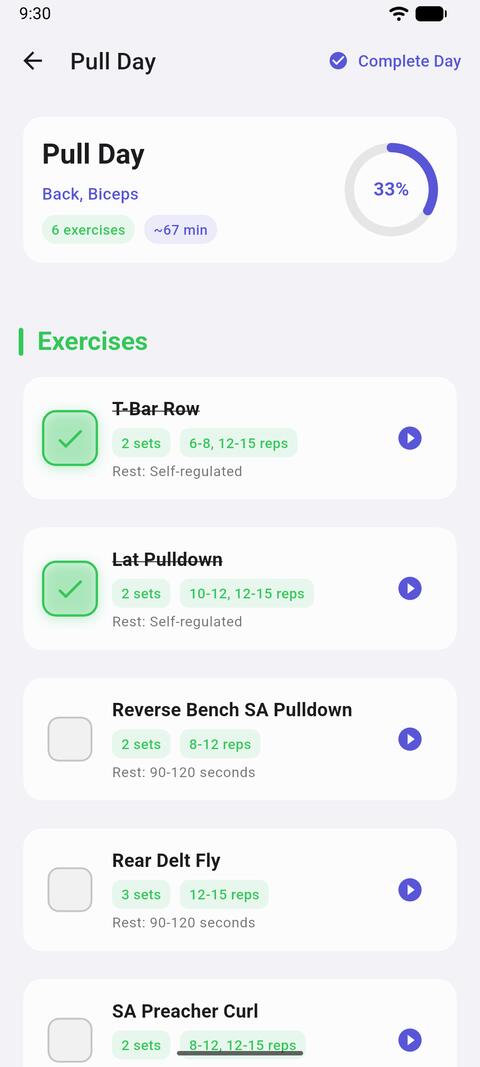 Pull Day: two exercises ticked off, the day at 33%