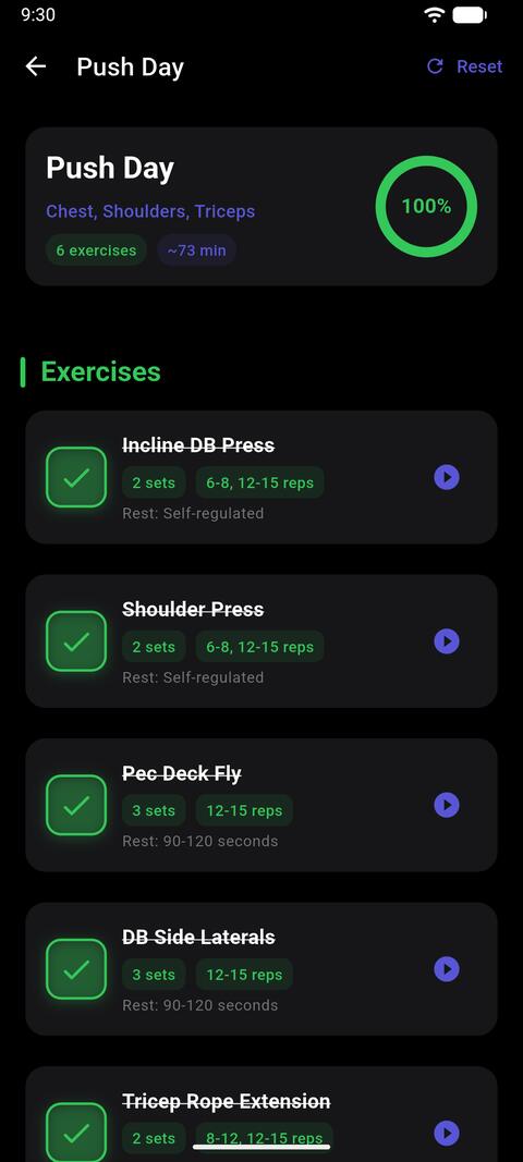 Push Day finished, in the dark theme: every exercise ticked off